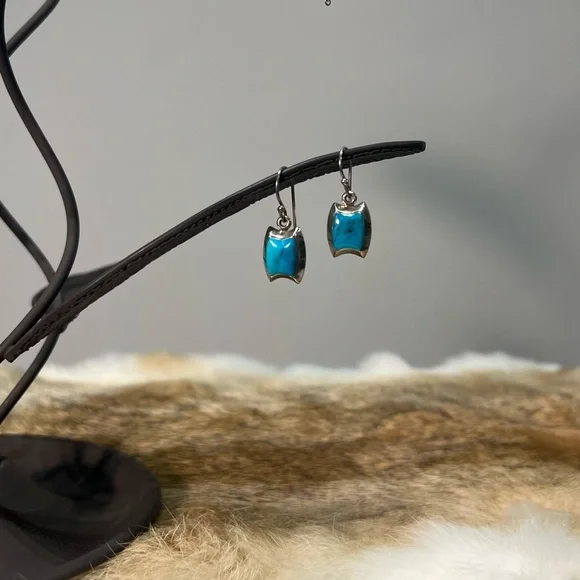 Barse 925 Thai Silver and Turquoise Rectangle Cabochon Earrings Vintage - Picture 2 of 5
